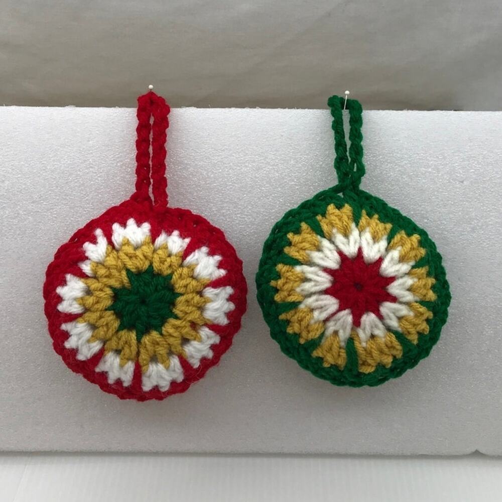 Vintage Style Crochet Christmas Stuffed Medallion Baubles Handmade Set of 2